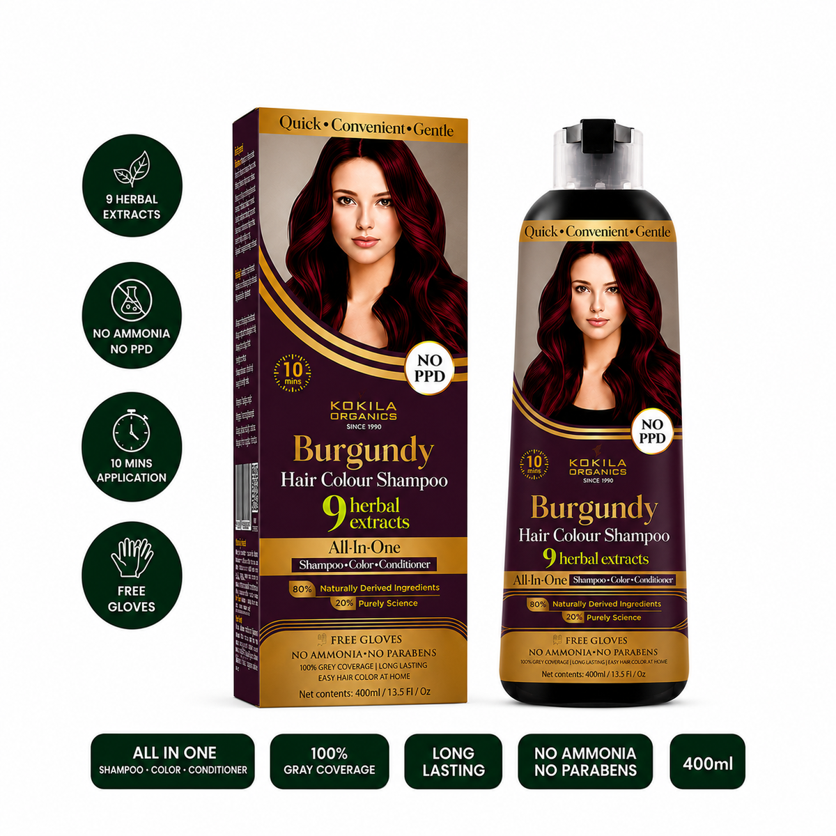 Kokila NO PPD Shampoo Hair Colour - Burgundy 400ml for Women and Men