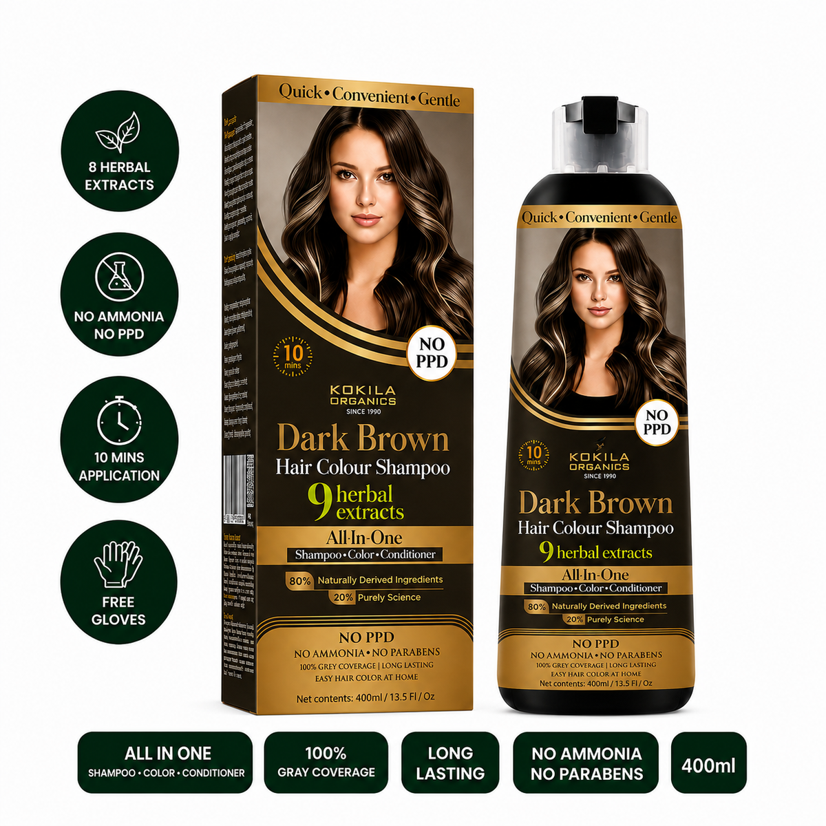 Kokila NO PPD Shampoo Dark Brown Hair Colour 400ml for Women and Men