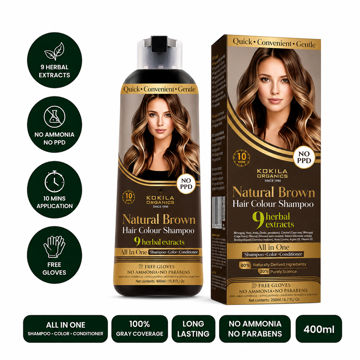 Kokila NO PPD Shampoo Natural Brown Hair Colour 400ml for Women and Men
